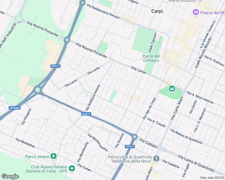 map of restaurants, bars, coffee shops, grocery stores, and more near 33 Via A. Cadamosto in Carpi