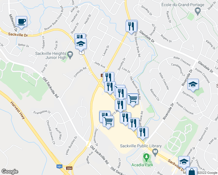 map of restaurants, bars, coffee shops, grocery stores, and more near 833 Sackville Drive in Lower Sackville
