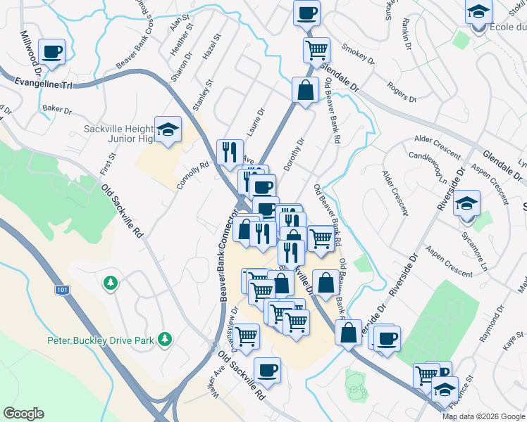 map of restaurants, bars, coffee shops, grocery stores, and more near 833 Sackville Drive in Lower Sackville