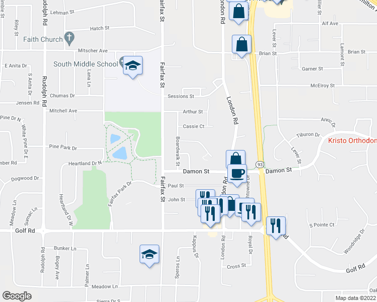 map of restaurants, bars, coffee shops, grocery stores, and more near 3913 Sterling Drive in Eau Claire