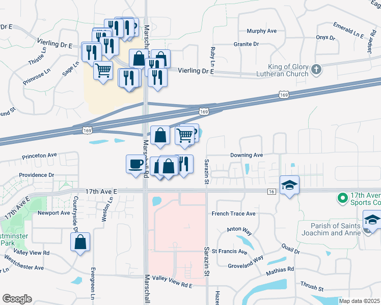 map of restaurants, bars, coffee shops, grocery stores, and more near 1685 17th Avenue East in Shakopee