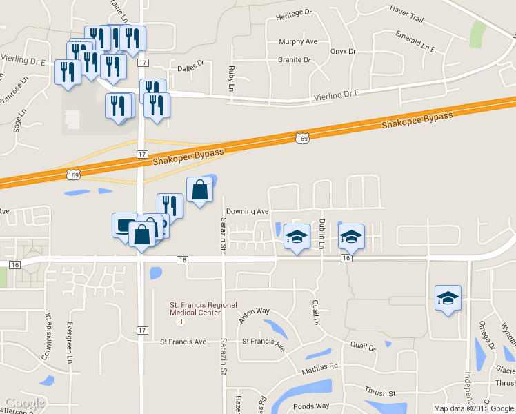 map of restaurants, bars, coffee shops, grocery stores, and more near 1945 Downing Avenue in Shakopee