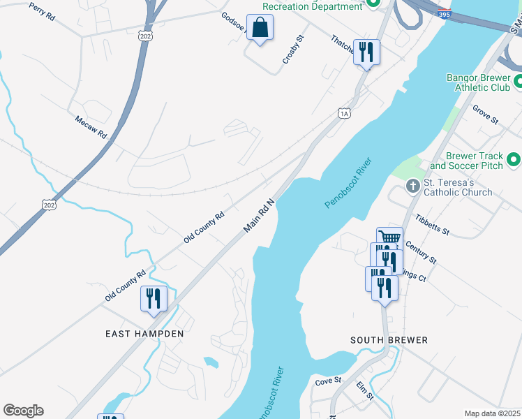 map of restaurants, bars, coffee shops, grocery stores, and more near 760 Main Road North in Hampden