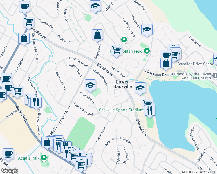 map of restaurants, bars, coffee shops, grocery stores, and more near 155 Aspen Crescent in Lower Sackville