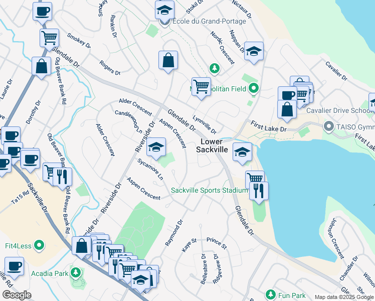 map of restaurants, bars, coffee shops, grocery stores, and more near 155 Aspen Crescent in Lower Sackville