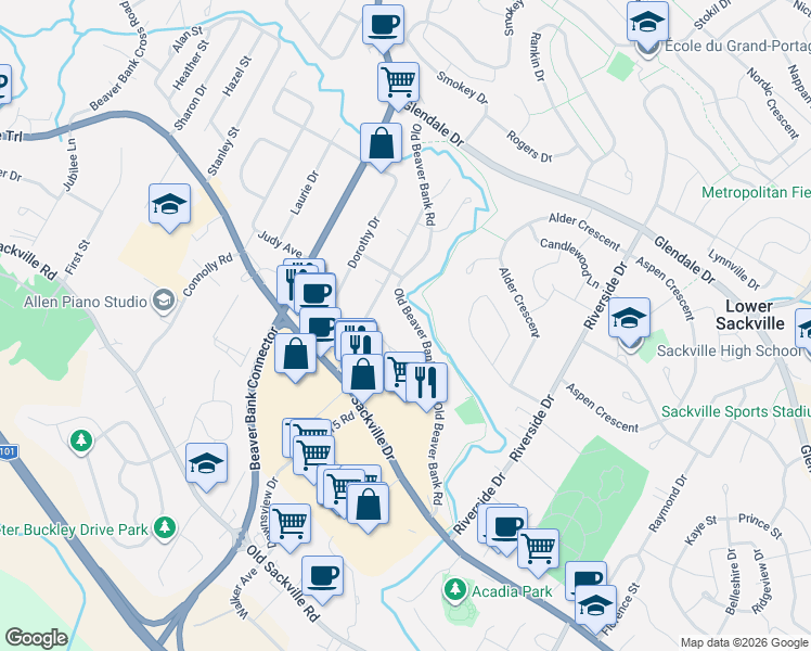map of restaurants, bars, coffee shops, grocery stores, and more near 144 Old Beaver Bank Road in Lower Sackville
