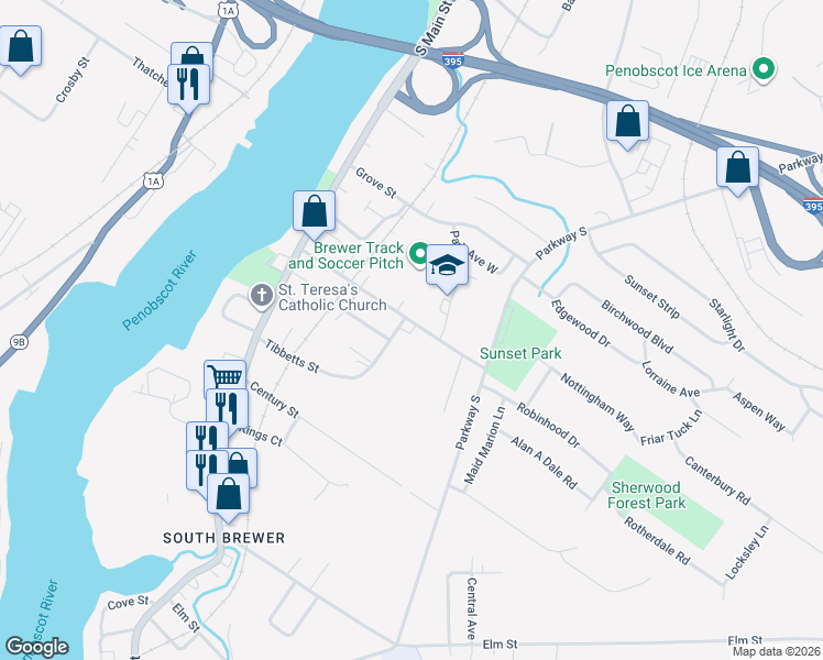 map of restaurants, bars, coffee shops, grocery stores, and more near 72 Pendleton Street in Brewer