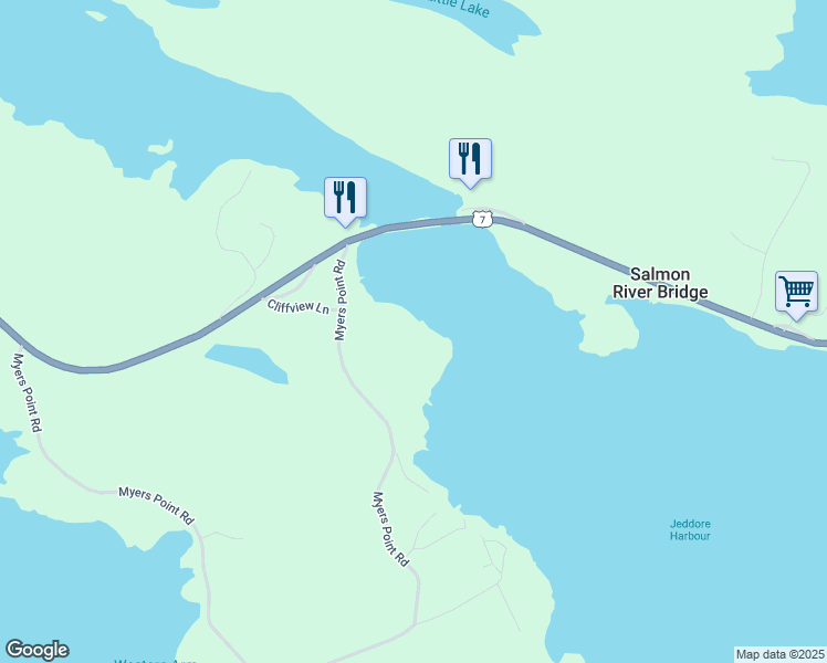 map of restaurants, bars, coffee shops, grocery stores, and more near 614 Myers Point Road in Head of Jeddore