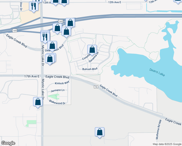 map of restaurants, bars, coffee shops, grocery stores, and more near 4670 Bulrush Boulevard in Shakopee