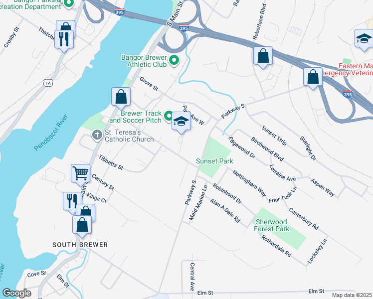 map of restaurants, bars, coffee shops, grocery stores, and more near 92 Pendleton Street in Brewer