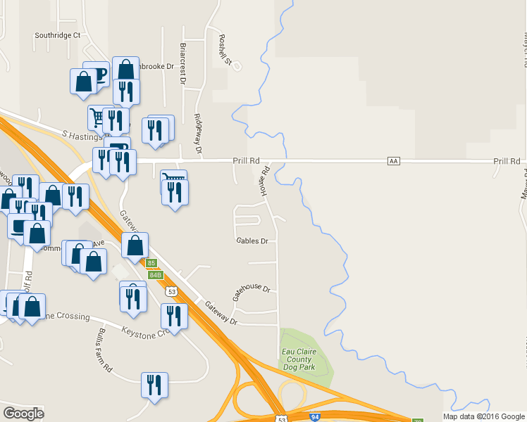map of restaurants, bars, coffee shops, grocery stores, and more near 3920 House Road in Eau Claire