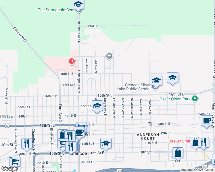 map of restaurants, bars, coffee shops, grocery stores, and more near 1612 Knight Avenue North in Glencoe
