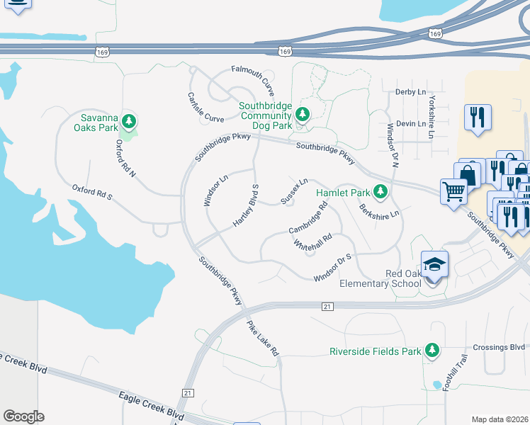 map of restaurants, bars, coffee shops, grocery stores, and more near 6844 Sussex Lane in Shakopee