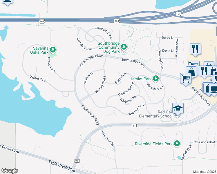 map of restaurants, bars, coffee shops, grocery stores, and more near 6844 Sussex Lane in Shakopee