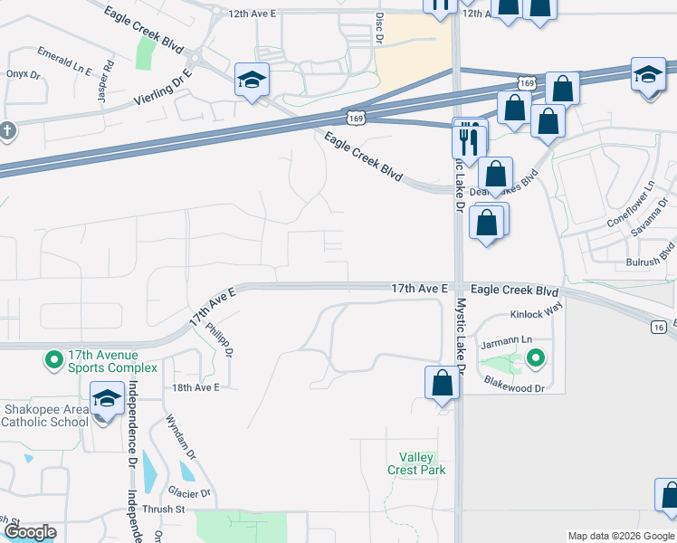 map of restaurants, bars, coffee shops, grocery stores, and more near 1610 Emblem Way in Shakopee