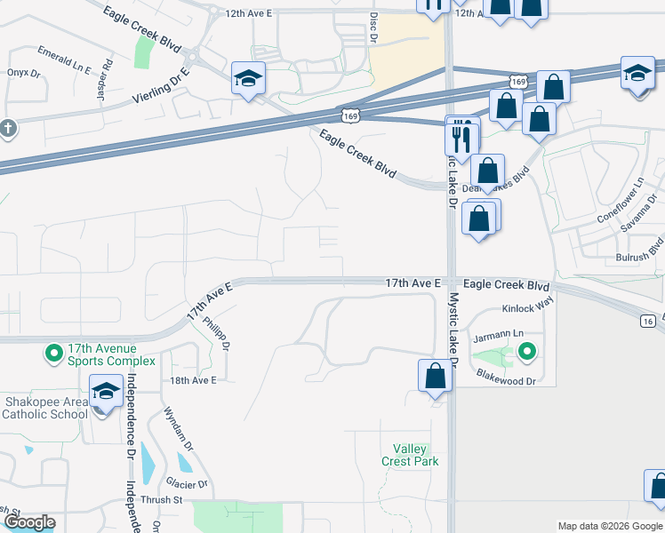 map of restaurants, bars, coffee shops, grocery stores, and more near 1610 Emblem Way in Shakopee