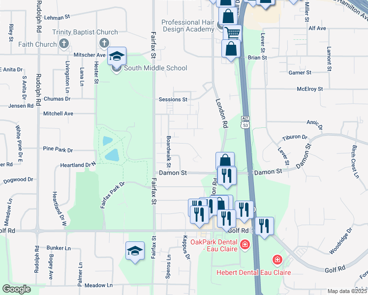 map of restaurants, bars, coffee shops, grocery stores, and more near 2415 Boardwalk Circle in Eau Claire