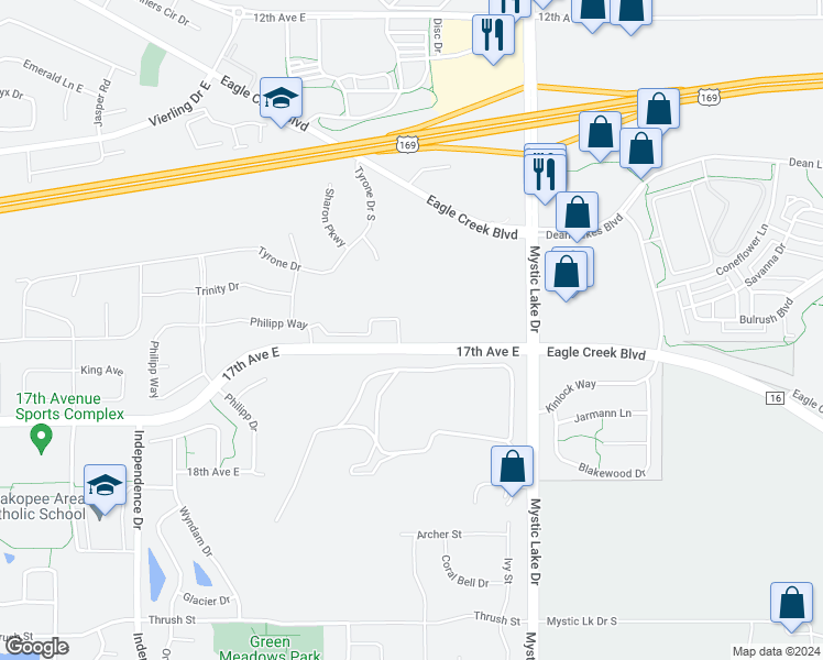 map of restaurants, bars, coffee shops, grocery stores, and more near 17th Avenue East in Shakopee