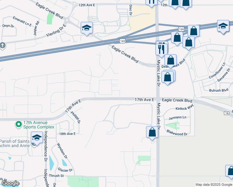 map of restaurants, bars, coffee shops, grocery stores, and more near 3690 Eagle Creek Boulevard in Shakopee