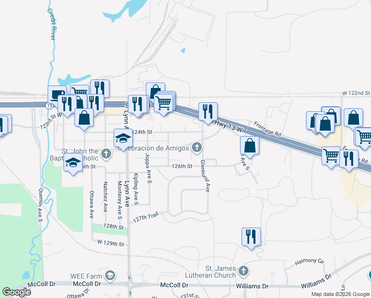 map of restaurants, bars, coffee shops, grocery stores, and more near 4111 West 125th Street in Savage