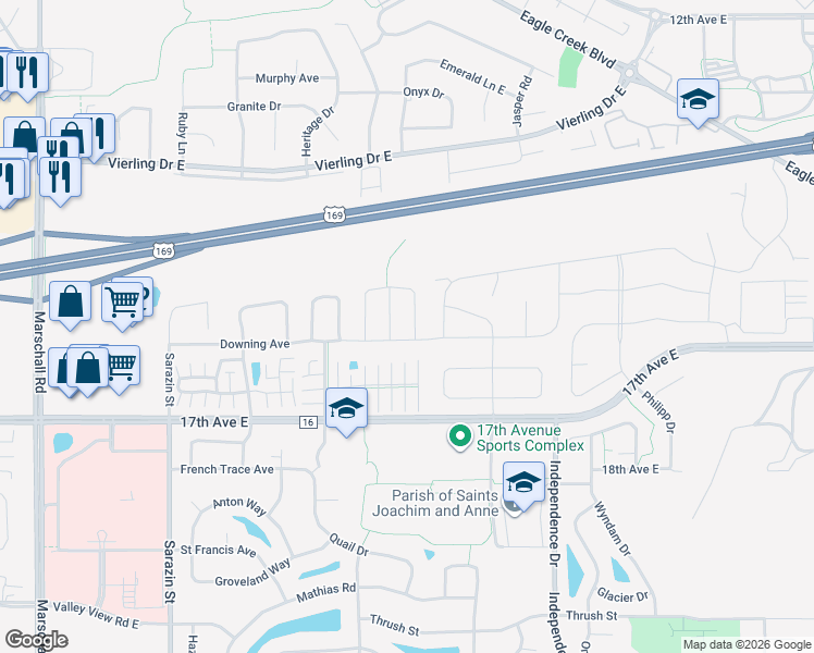 map of restaurants, bars, coffee shops, grocery stores, and more near 1594 Balinese Street in Shakopee