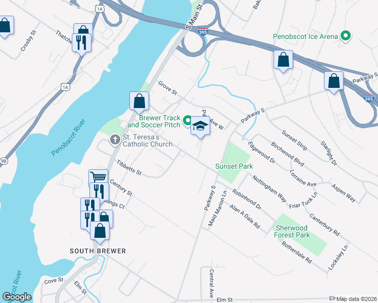 map of restaurants, bars, coffee shops, grocery stores, and more near 72 Pendleton Street in Brewer