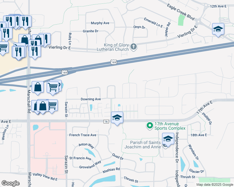 map of restaurants, bars, coffee shops, grocery stores, and more near 1561 Dublin Court in Shakopee