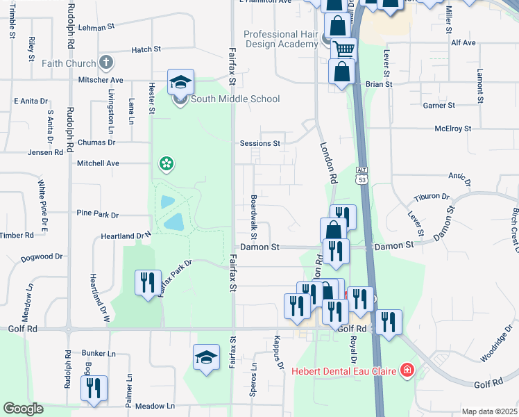 map of restaurants, bars, coffee shops, grocery stores, and more near 3912 Boardwalk Street in Eau Claire