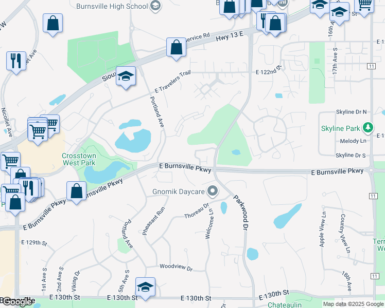 map of restaurants, bars, coffee shops, grocery stores, and more near 12532 Parkwood Drive in Burnsville