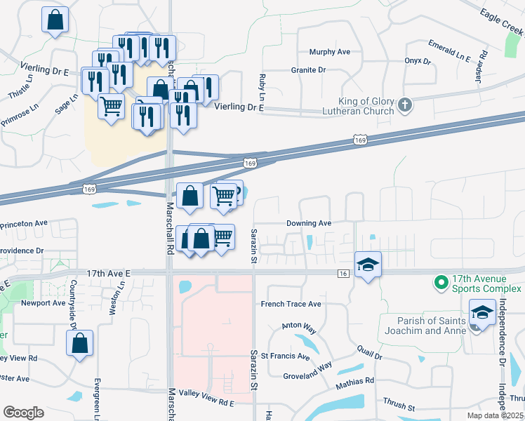map of restaurants, bars, coffee shops, grocery stores, and more near 1575 Sarazin Street in Shakopee