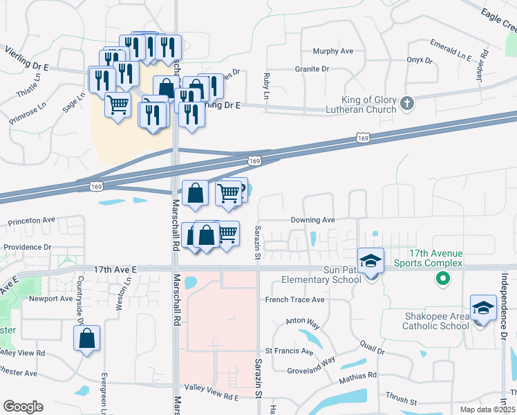 map of restaurants, bars, coffee shops, grocery stores, and more near 1595 Sarazin Street in Shakopee