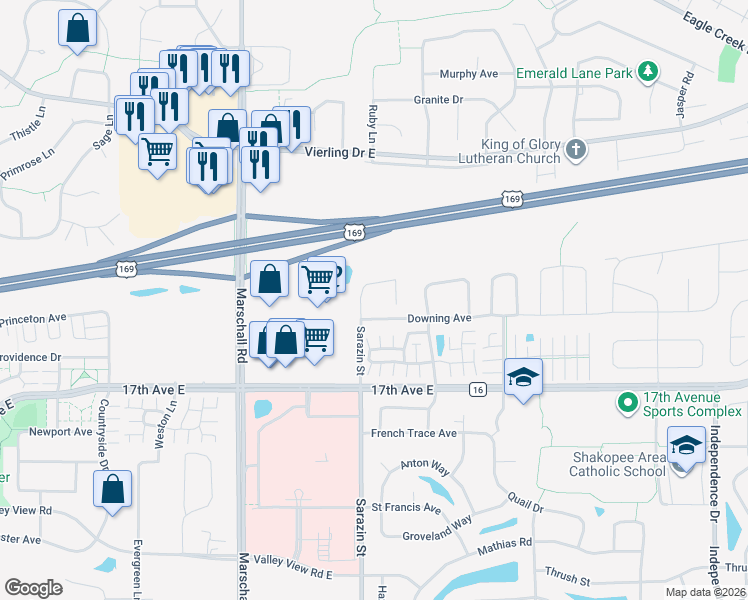map of restaurants, bars, coffee shops, grocery stores, and more near 1575 Sarazin Street in Shakopee