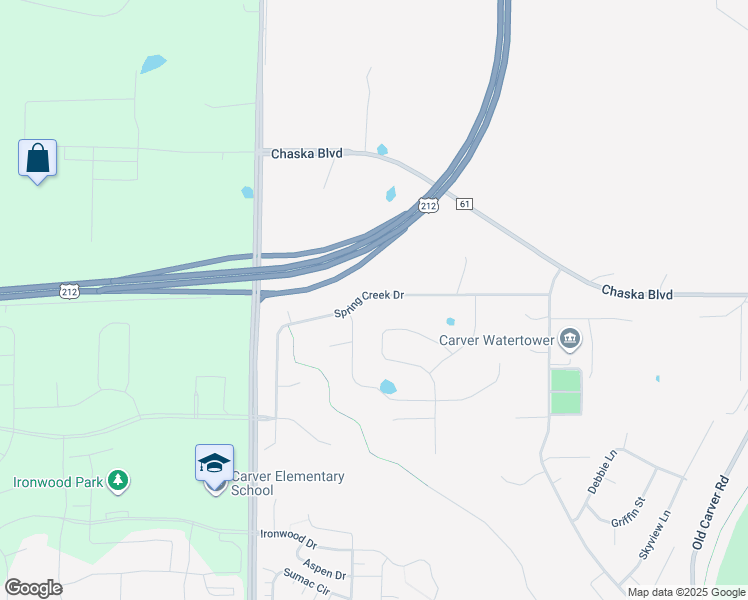 map of restaurants, bars, coffee shops, grocery stores, and more near 1868 Spring Creek Drive in Carver
