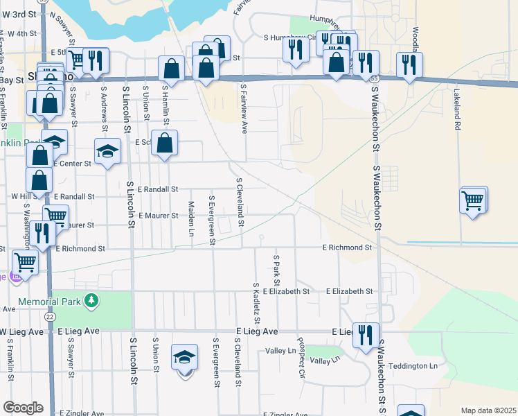 map of restaurants, bars, coffee shops, grocery stores, and more near 921 East Maurer Street in Shawano