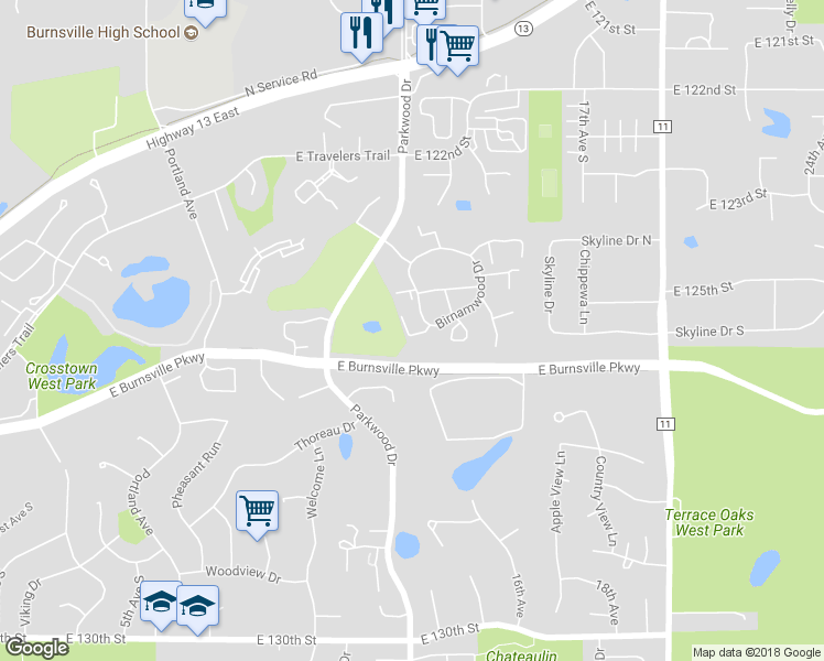 map of restaurants, bars, coffee shops, grocery stores, and more near 56 Birnamwood Drive in Burnsville