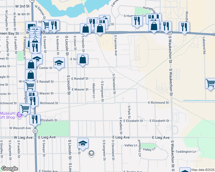 map of restaurants, bars, coffee shops, grocery stores, and more near 819 East Maurer Street in Shawano