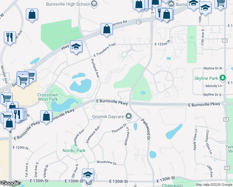 map of restaurants, bars, coffee shops, grocery stores, and more near 12532 Parkwood Drive in Burnsville