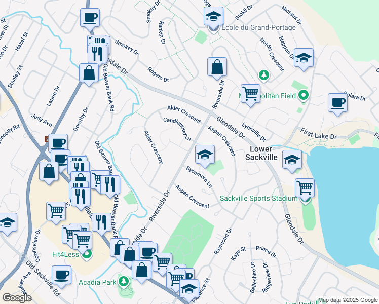 map of restaurants, bars, coffee shops, grocery stores, and more near Riverside Drive in Lower Sackville