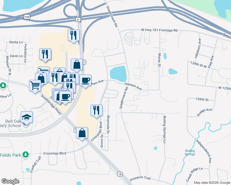 map of restaurants, bars, coffee shops, grocery stores, and more near 8480 Grove Circle in Shakopee