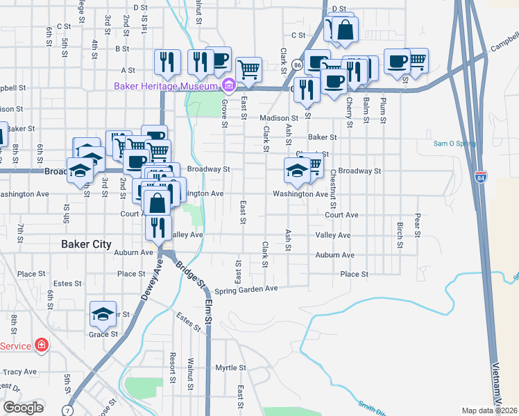 map of restaurants, bars, coffee shops, grocery stores, and more near 1917 Clark Street in Baker City