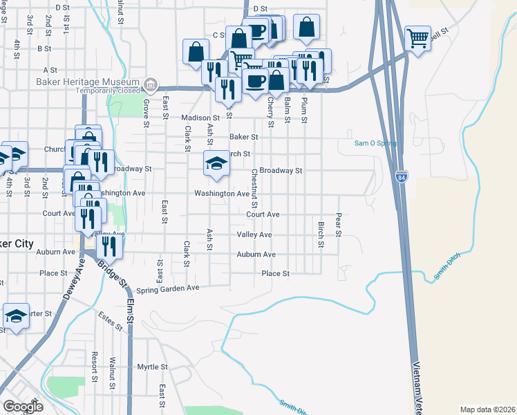 map of restaurants, bars, coffee shops, grocery stores, and more near 1918 Chestnut Street in Baker City