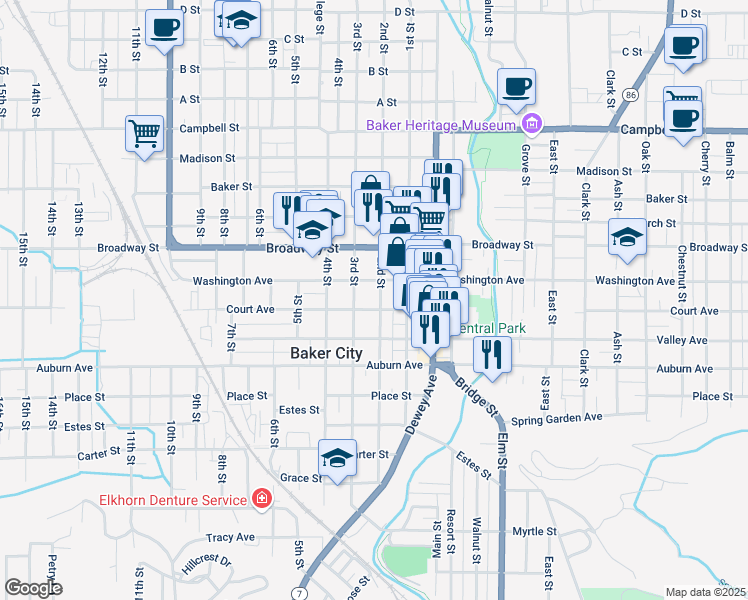 map of restaurants, bars, coffee shops, grocery stores, and more near 1905 2nd Street in Baker City