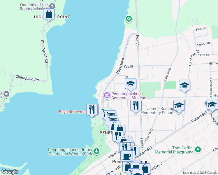 map of restaurants, bars, coffee shops, grocery stores, and more near 11 Beck Boulevard in Penetanguishene