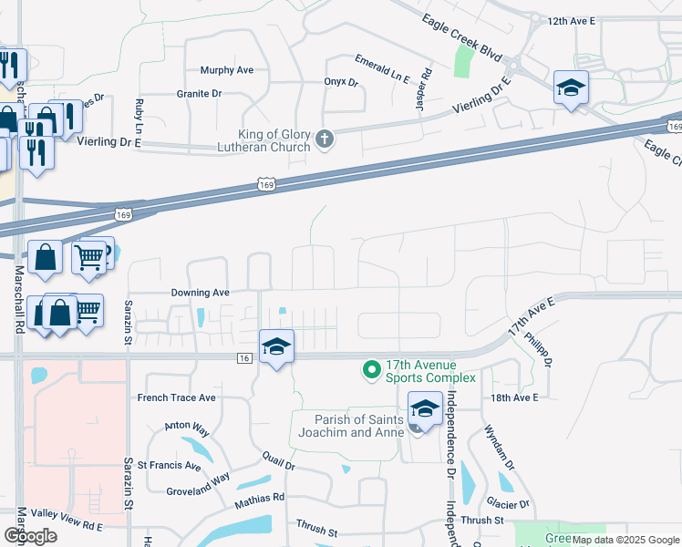 map of restaurants, bars, coffee shops, grocery stores, and more near 1591 Balinese Street in Shakopee