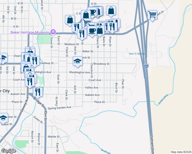 map of restaurants, bars, coffee shops, grocery stores, and more near 1905 Cherry Street in Baker City