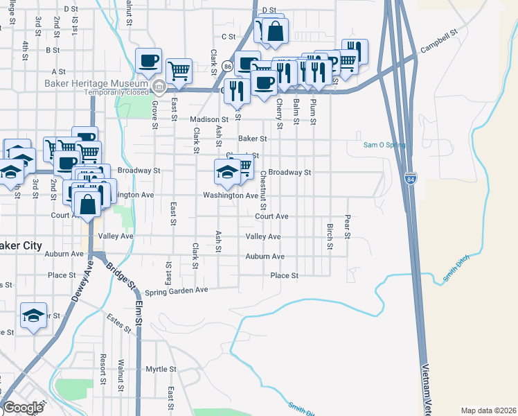 map of restaurants, bars, coffee shops, grocery stores, and more near 1918 Chestnut Street in Baker City