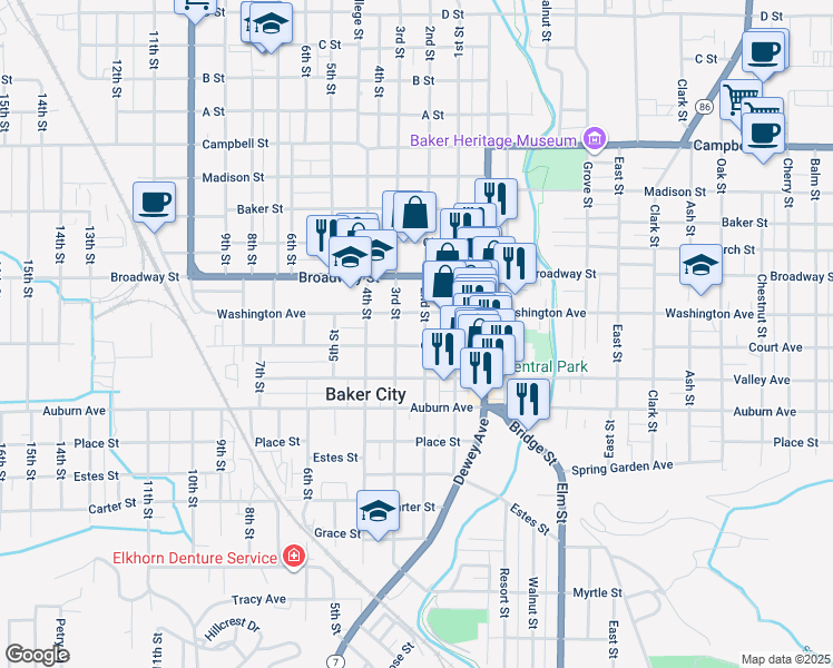 map of restaurants, bars, coffee shops, grocery stores, and more near 1905 2nd Street in Baker City