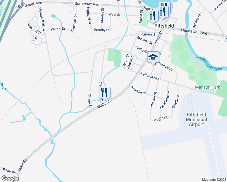 map of restaurants, bars, coffee shops, grocery stores, and more near 162 Pittsfield Street in Pittsfield