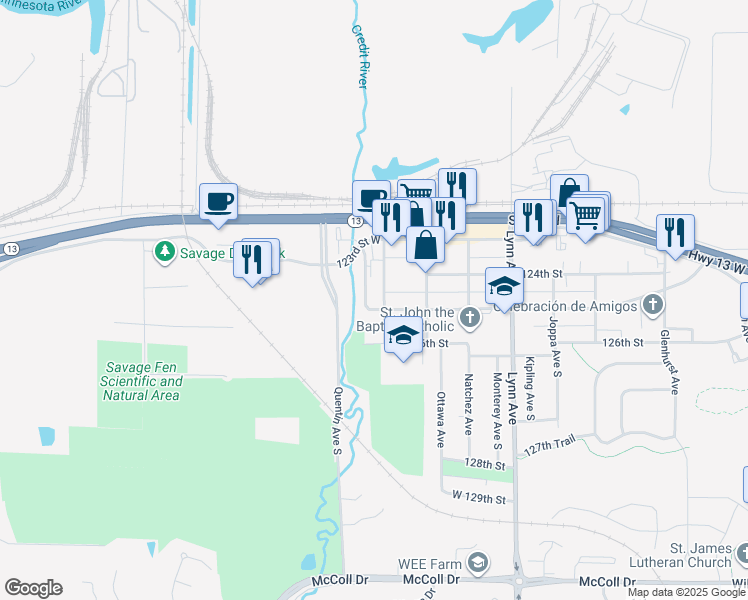 map of restaurants, bars, coffee shops, grocery stores, and more near 12472 Princeton Avenue in Savage