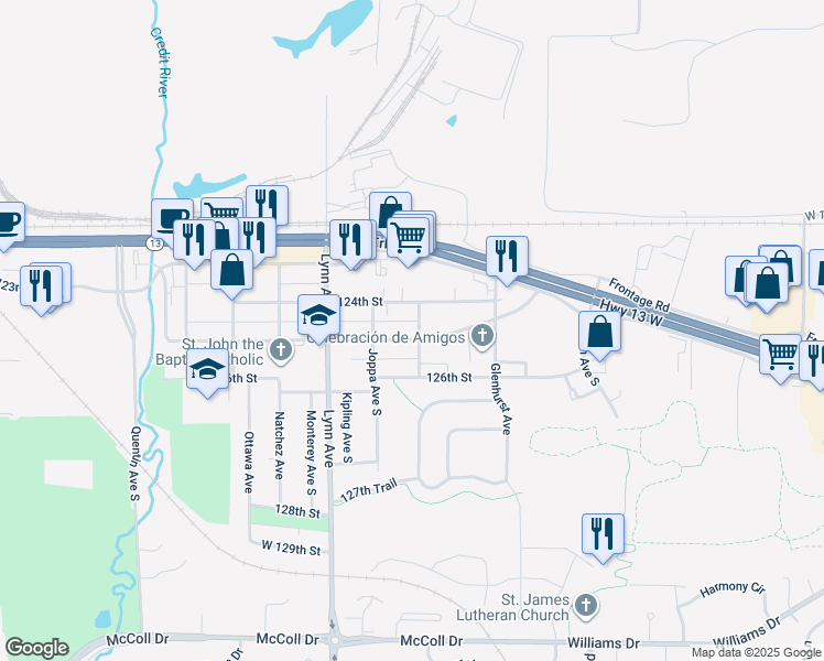map of restaurants, bars, coffee shops, grocery stores, and more near 4204 West 125th Street in Savage